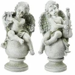 Cheapest 🤩 Northlight 14.75 in. Ivory Set of 2 Cherub Angels with Violin and Harp Sitting on Finials Outdoor Garden Statues ⌛
