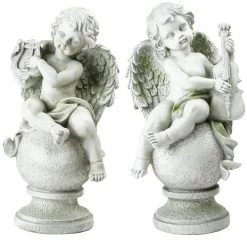 Brand new 🤩 Northlight 14.75 in. White Set of 2 Cherub Angels with Instruments Sitting on Finials Outdoor Garden Statues 🧨