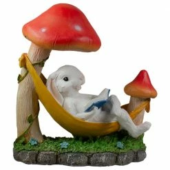 Promo 😍 Northlight 11.5 in. Mushrooms and Rabbit in Hammock Outside Garden Statue 💯