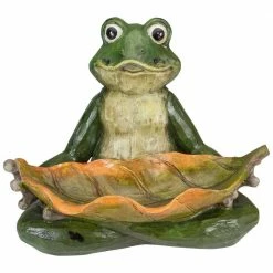 Deals 🔔 Northlight 14 in. Green Frog with Leaf Birdfeeder Outdoor Garden Statue 👏