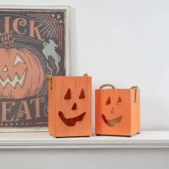Flash Sale 😀 Northlight 6.25 in. Small Orange Wood Jack O Lantern 🦇 Halloween Candle Lantern ⭐